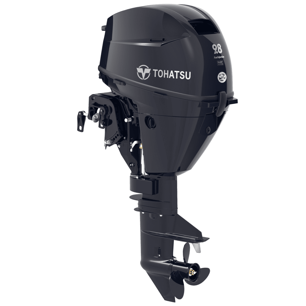 Tohatsu 9.8 HP outboard motor for boats, remote control model.