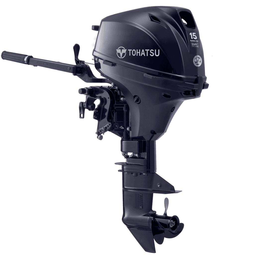 Tohatsu 15 HP outboard motor for boats, compact and powerful marine engine.