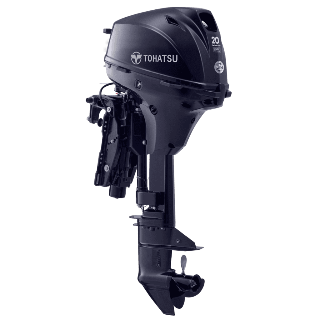 Tohatsu MFS20EEPL remote outboard motor for boats, compact and powerful.