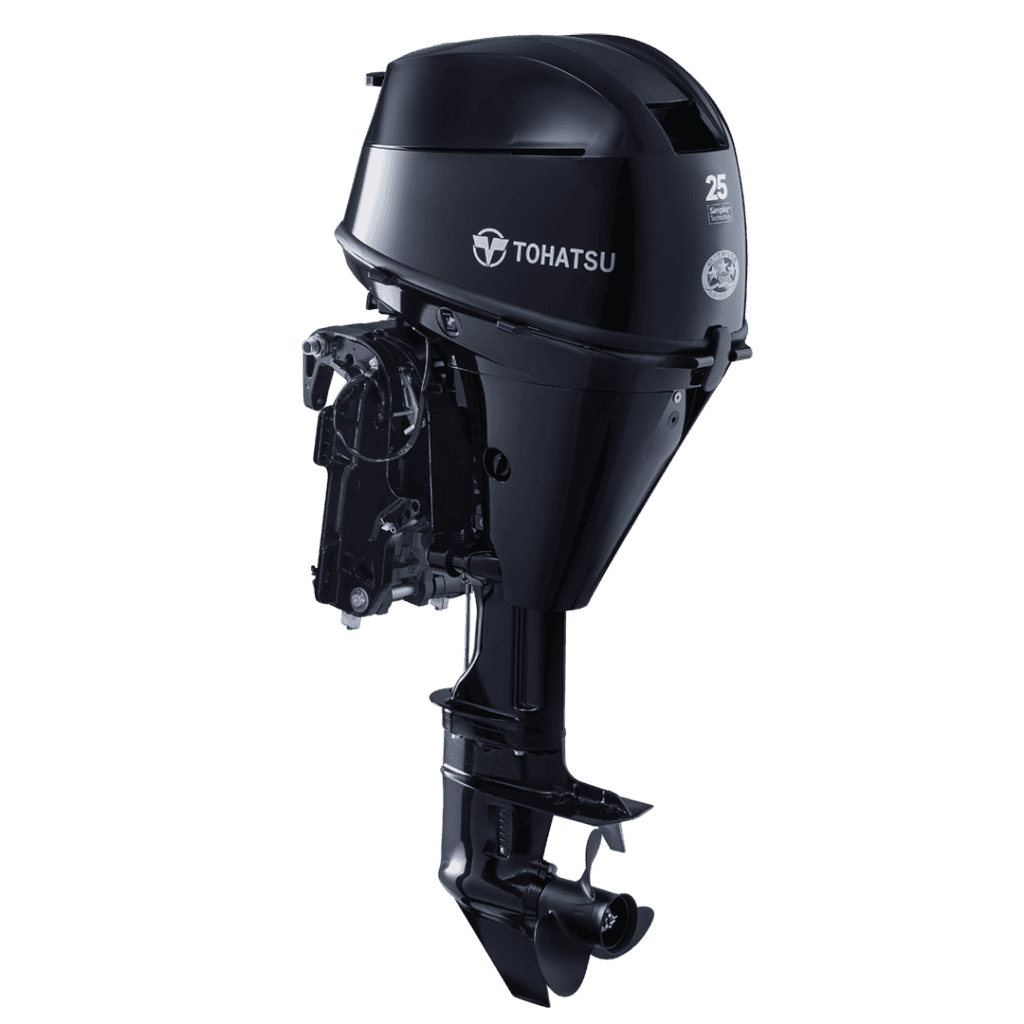 Outboard motor Tohatsu MFS25DETL for boats, remote control, compact and powerful marine engine.