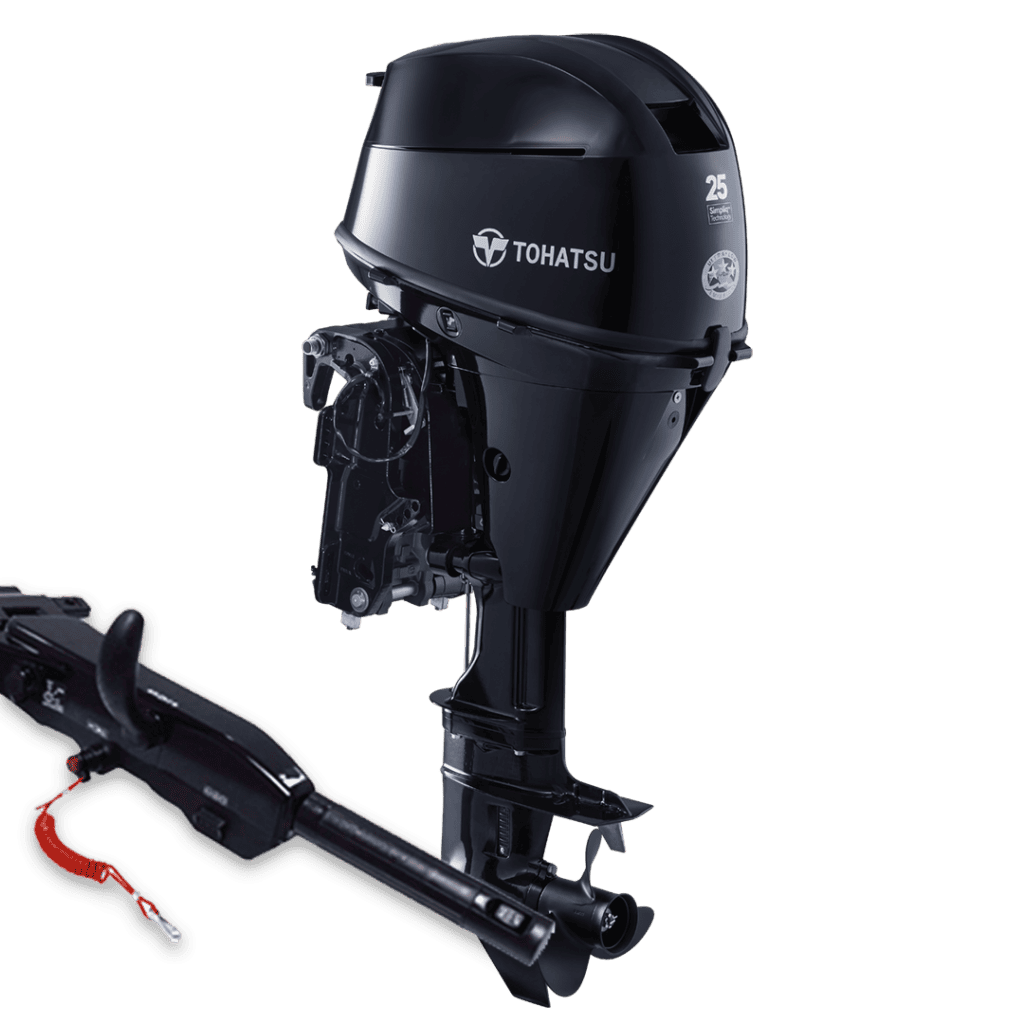 Outboard motor Tohatsu MFS25DETS for boats, compact and powerful marine engine.
