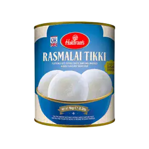 Asiatischer Lebensmittelladen, Rasmalai Tikki in Dose, indisches Dessert.