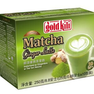 Asiatische Lebensmittel Online-Shop, Matcha-Ginger Latte in grüner Tasse.
