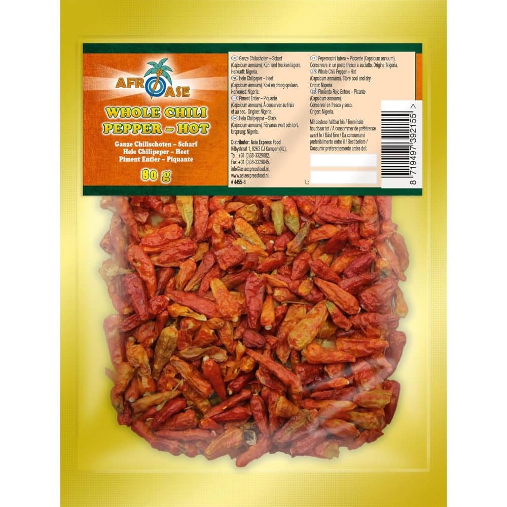 AFROOASE Ganze Chili scharf 80g, asiatische Lebensmittel, scharf, Chili, Gewürz.