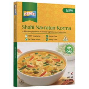 Asiatischer Shahi Navratan Korma in Verpackung, vegetarisch, vegan, glutenfrei.