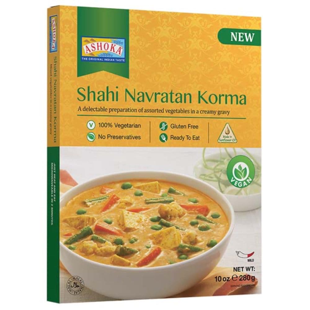 Asiatischer Shahi Navratan Korma in Verpackung, vegetarisch, vegan, glutenfrei.