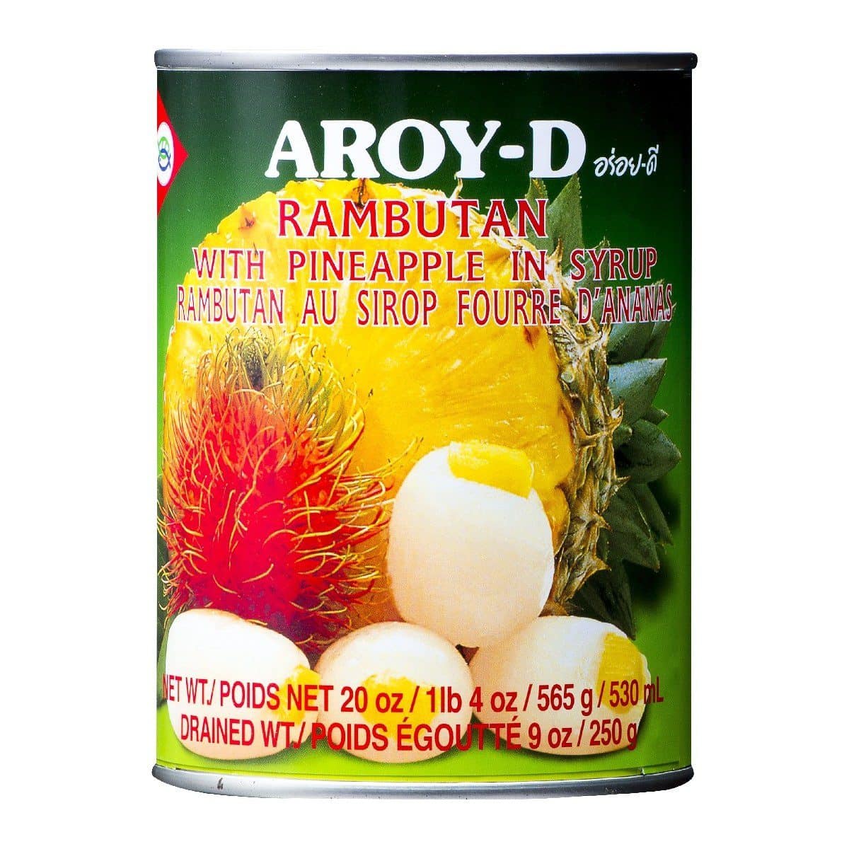Asiatischer Lebensmittelladen mit Rambutan, Ananas und Sirup.