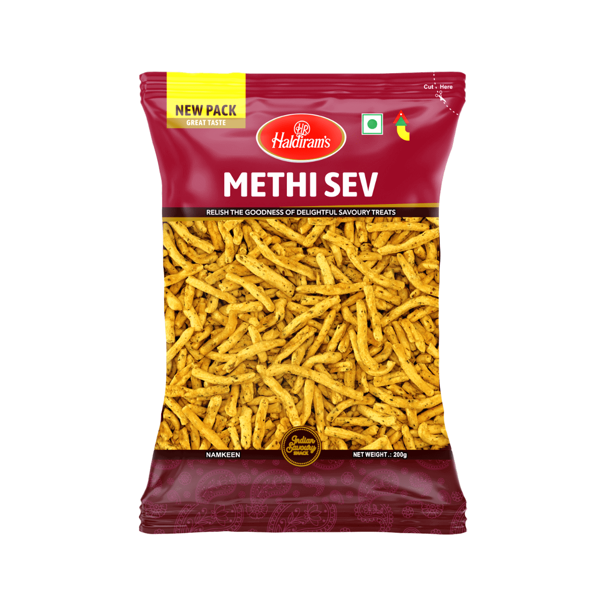 Asiatische Lebensmittel Online-Shop, Methi Sev Snack in roter Verpackung, 200g.
