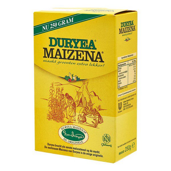 Asiatischer Lebensmittelladen, Maizena 250g, gelbe Verpackung mit Illustration.
