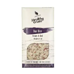 Asiatischer Reis im Online-Shop, braun und rot, 1 kg Packung.