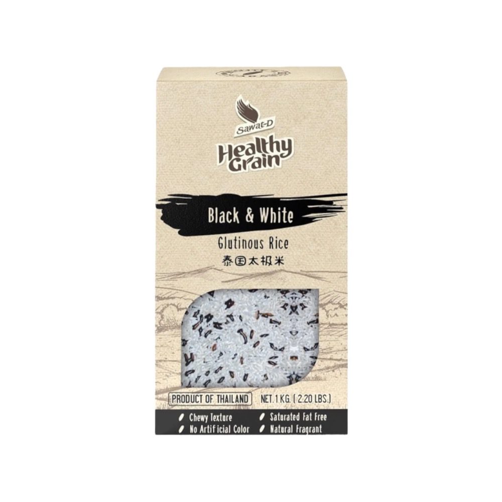 Asiatischer Reis im Online-Shop, schwarzer und weißer Reis, 1 kg Packung.