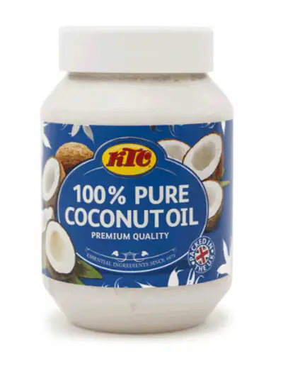 Kokosöl in weißem Behälter, asiatischer Lebensmittel Online-Shop.