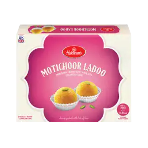 Asiatischer Lebensmittelladen - Motichoor Ladoo, indische Süßigkeit, 300g Packung.
