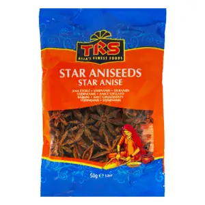 Sternanis im blauen und orangefarbenen Beutel, asiatischer Lebensmittel Online-Shop.