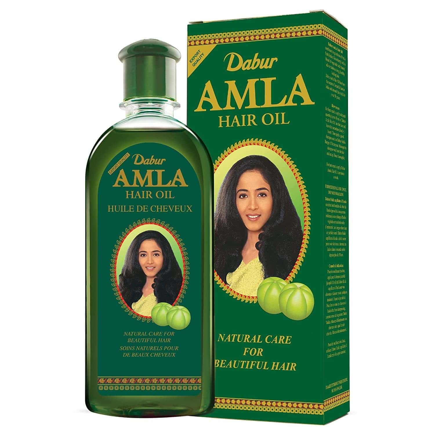 Asiatischer Lebensmittelladen - Amla Haaröl in grüner Flasche mit Verpackung.