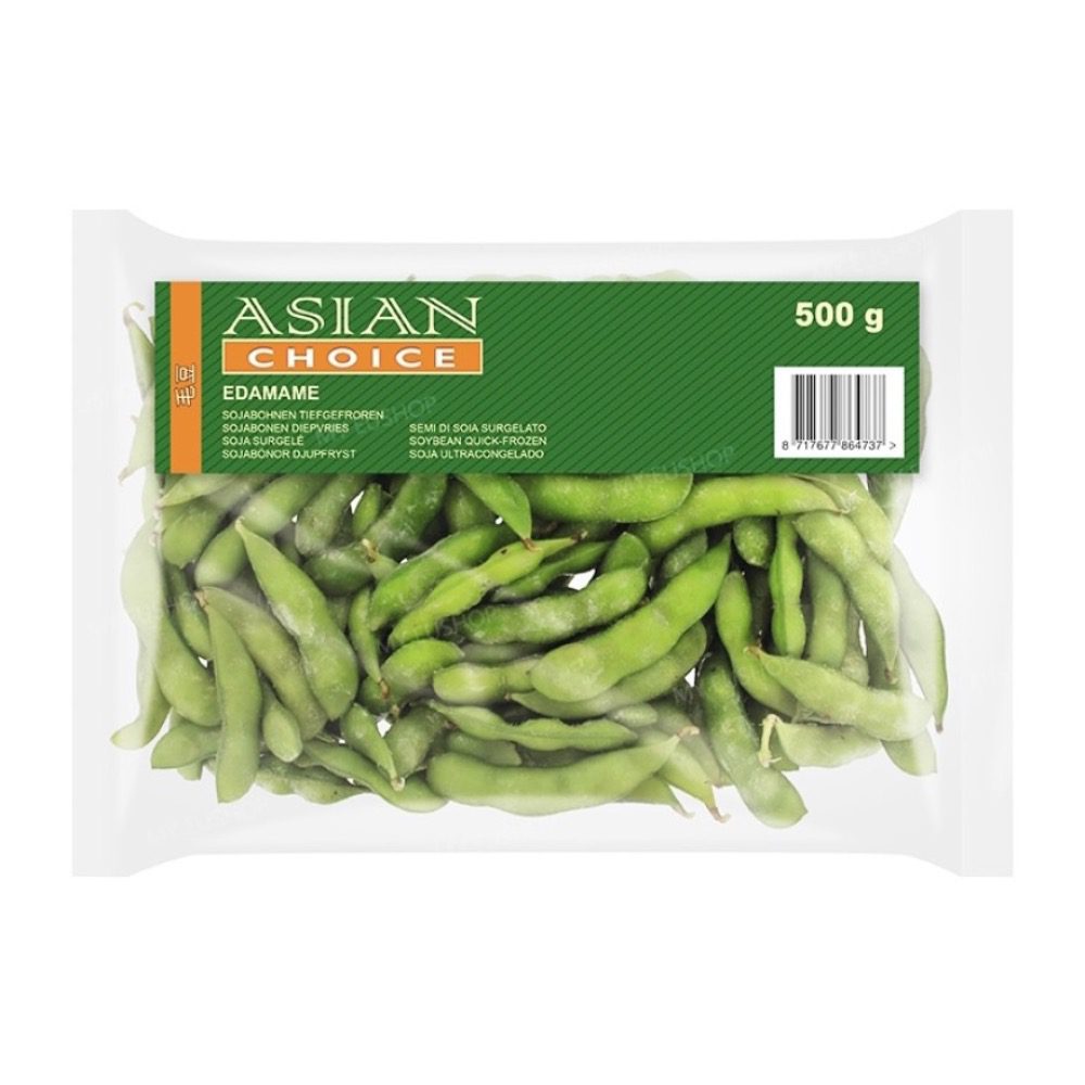 Frische Edamame-Bohnen in Verpackung, asiatische Lebensmittel Online-Shop.