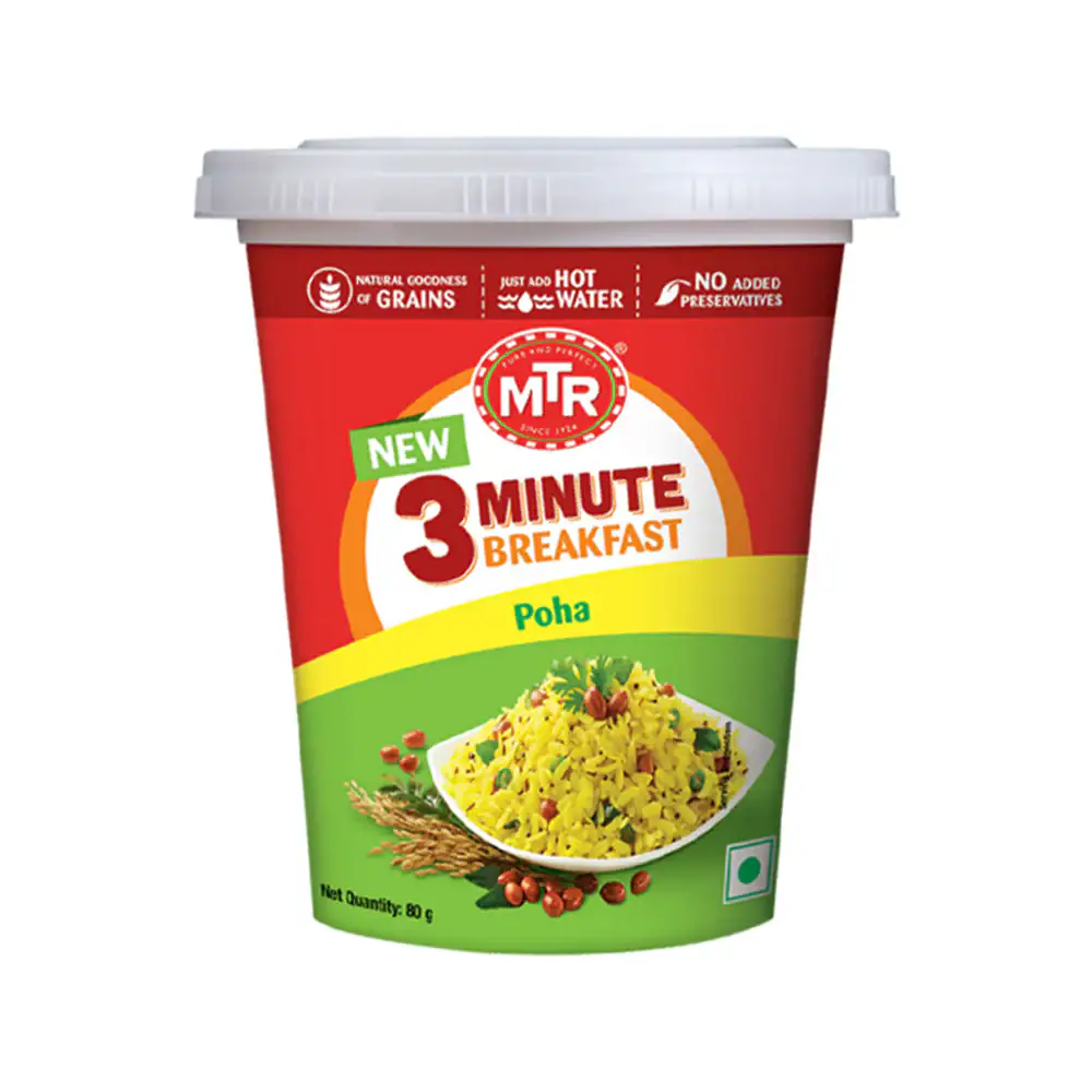 Asiatischer Poha-Mix für schnelles Frühstück, 80g, im Becher.