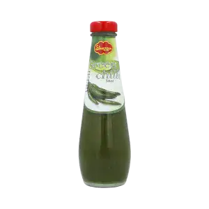 Asiatische Lebensmittel Online-Shop. Grüne Chili Sauce in Flasche.