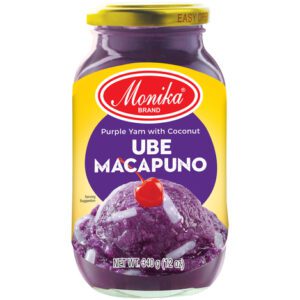 Asiatische Lebensmittel Online-Shop, Ube Macapuno im Glas, exotischer Süßigkeit.