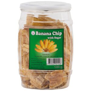 Asiatische Lebensmittel Online-Shop, Bananenchips mit Zucker in Glas.