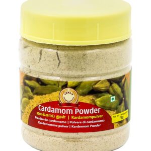 Kardamompulver in Glasbehälter, asiatischer Lebensmittel Online-Shop.