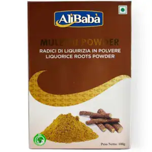 Asiatischer Lebensmittelladen - Mulethi Pulver in Packung mit Wurzeln und Pulver.