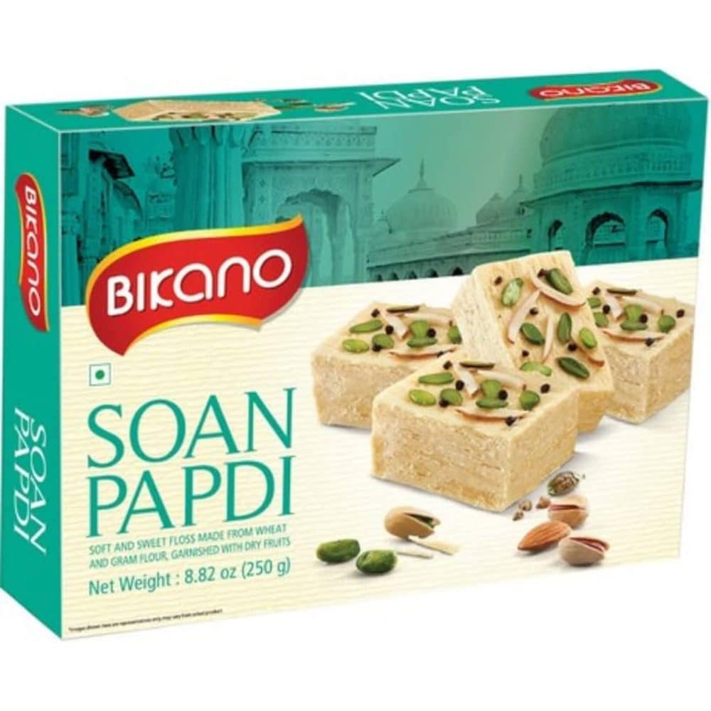 Asiatischer Lebensmittelladen, BIKANO Soan Papdi 250g, indisches Süßigkeiten.