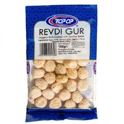 Asiatische Lebensmittel Online-Shop, Revdi Gur 100g, indische Süßigkeit mit Sesam, glutenfrei.