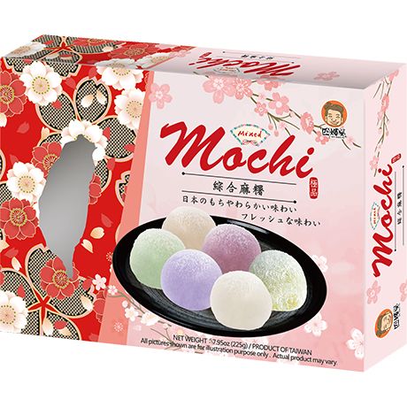 Asiatischer Lebensmittelladen, Mochi in verschiedenen Farben auf schwarzem Teller.