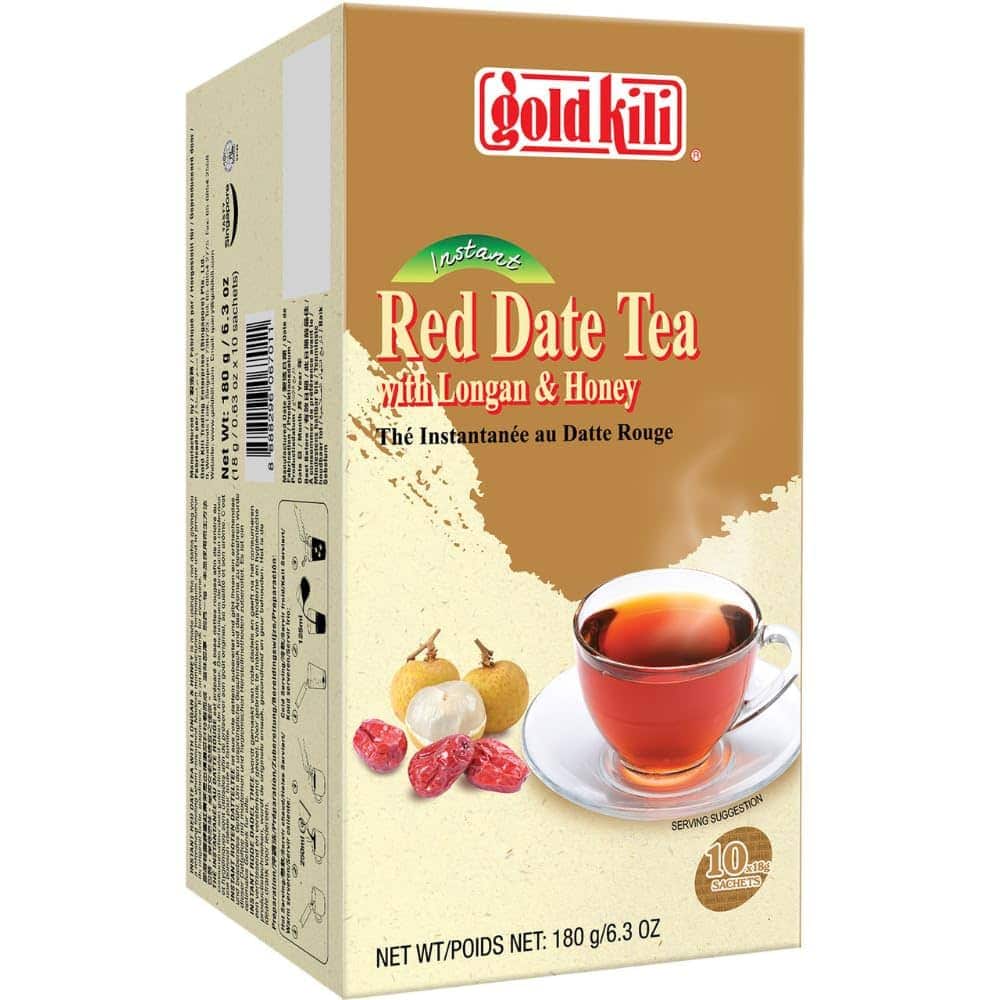 Asiatischer Lebensmittelladen - Roter Dattentee mit Longan und Honig in Verpackung.