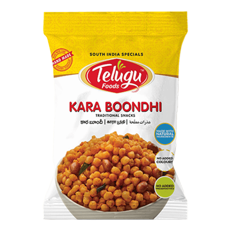 Asiatische Lebensmittel Online-Shop, Kara Boondi Snack in gelber Verpackung.