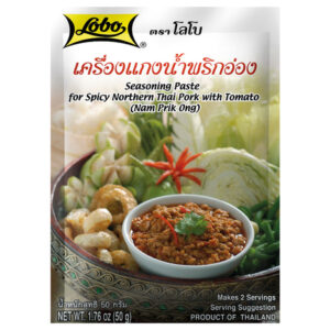 Asiatische Lebensmittel Online-Shop, Nam Prik Ong Paste in Dose mit Gemüse und Chili.
