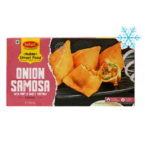 Asiatische Lebensmittel Online-Shop, Onion Samosa mit Minz- und Chutney-Füllung.