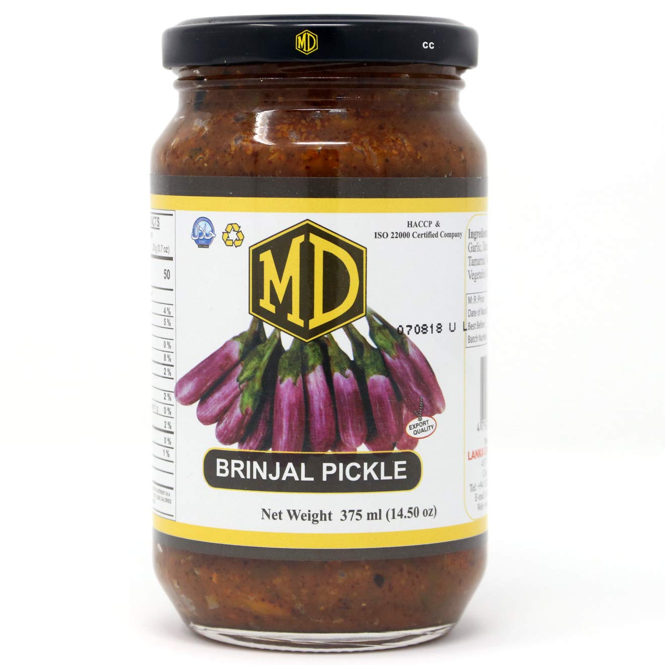 Asiatischer Brinjal Pickle im Glas, asiatische Lebensmittel Online-Shop.