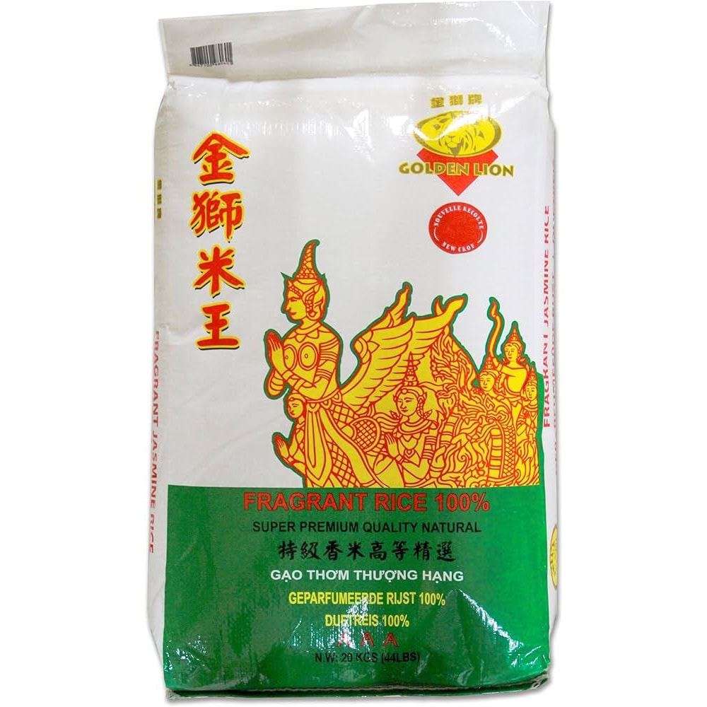 Reispackung mit Golden Lion Logo und asiatischer Schrift.
