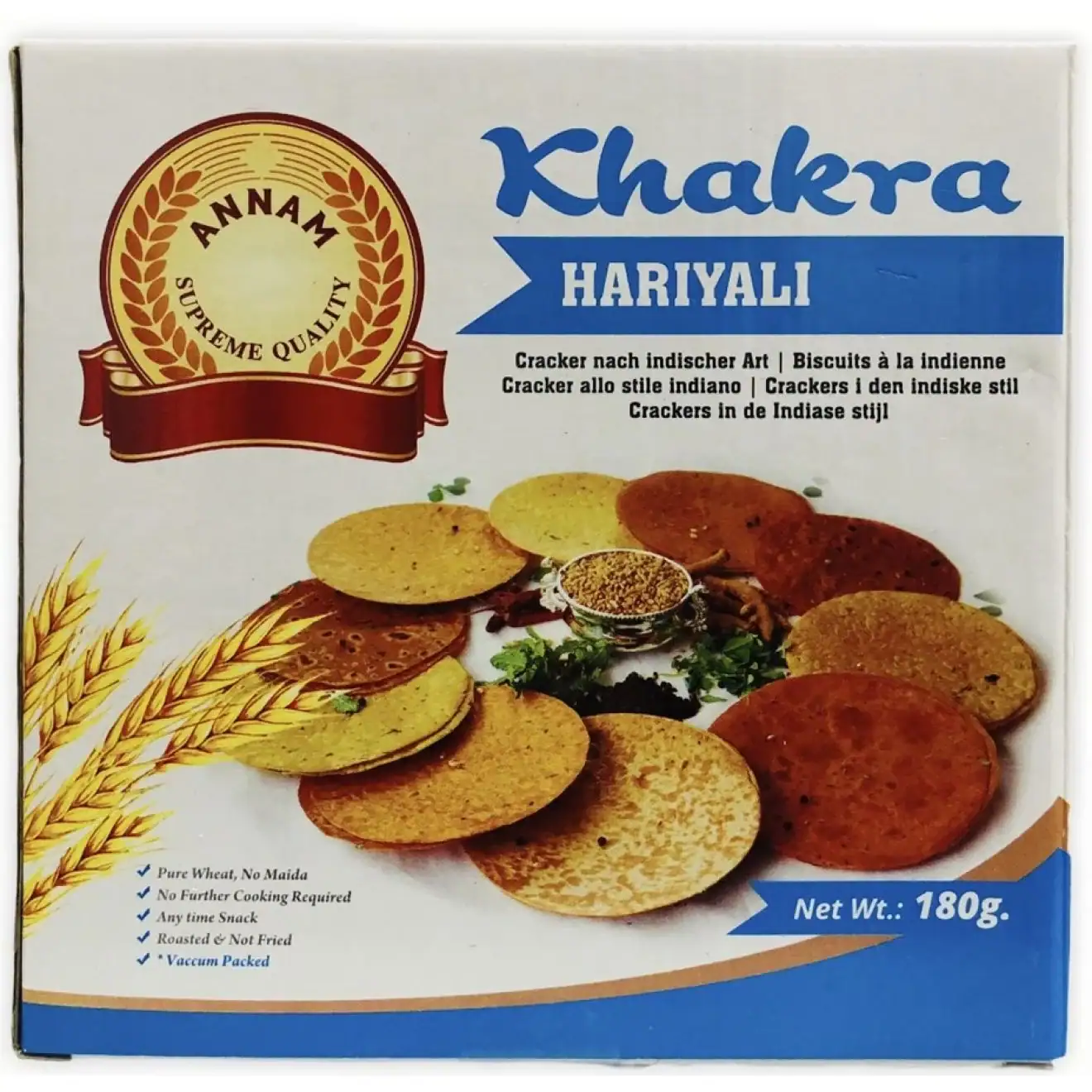 Asiatische Lebensmittel Online-Shop. Khakra Hariyali, indischer Snack, 180g, glutenfrei, vegan, unge.