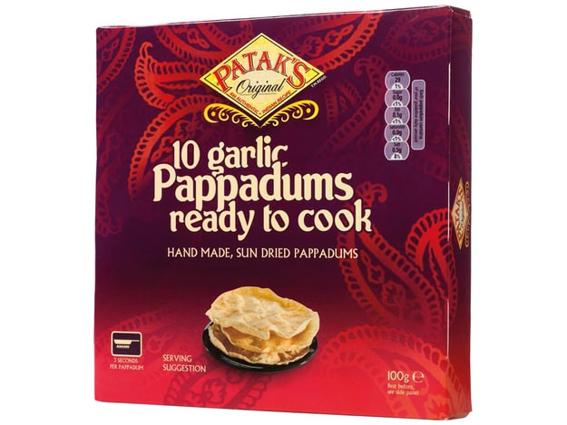Asiatische Lebensmittel Online-Shop, Pappadums mit Knoblauch, 100g Packung.