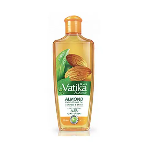 Asiatischer Lebensmittelladen - Vatika Mandelöl Flasche mit Mandeln und Blättern.