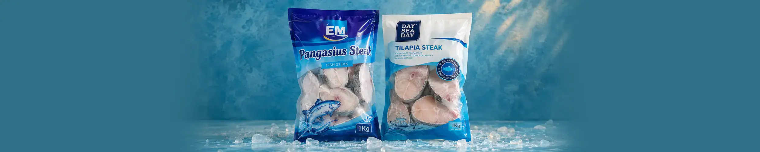 Asiatische Lebensmittel Online-Shop. Frischer Pangasius Fisch in Verpackung.