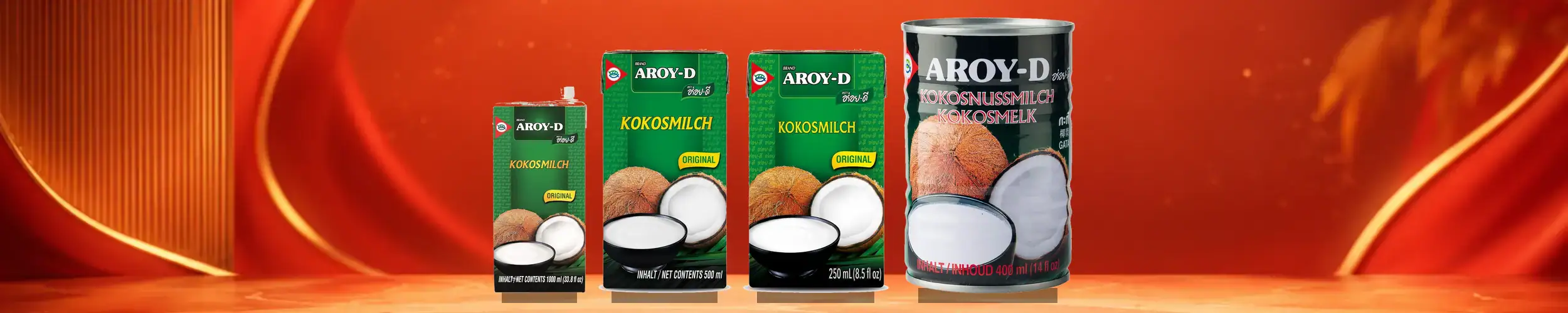 Asiatische Lebensmittel Online-Shop, Kokosmilch in verschiedenen Packungen.
