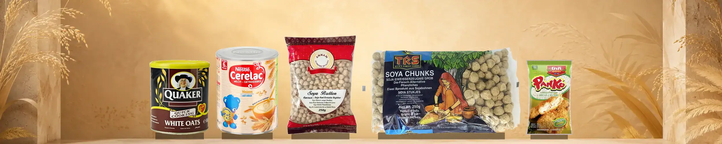 Asiatische Lebensmittel Online-Shop mit Reis, Sojasauce und Snacks.