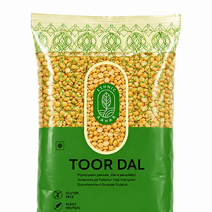 Asiatischer Lebensmittel Online-Shop, Toor Dal in grüner Verpackung.