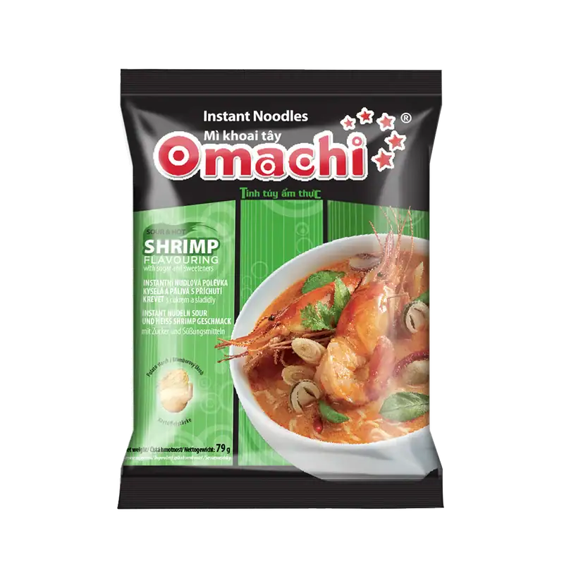 Asiatischer Instant-Nudelsuppenbeutel mit Garnelen und Gemüse.