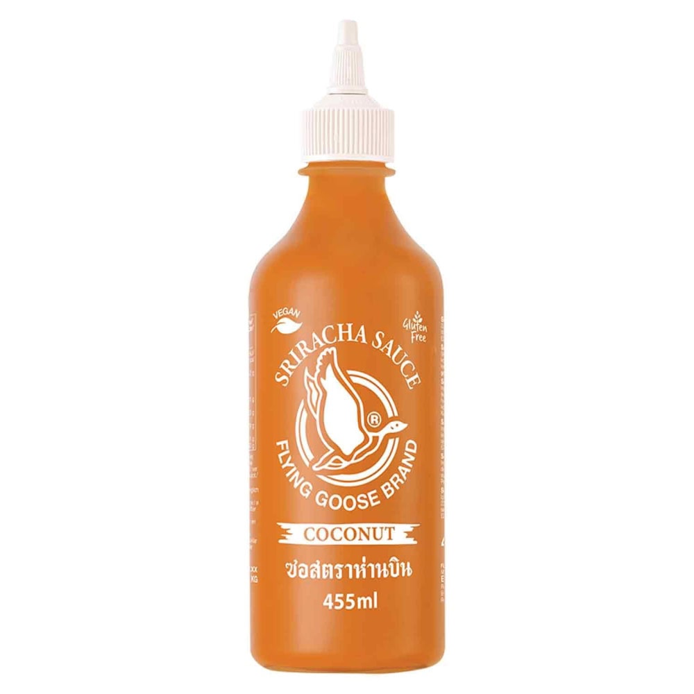 Asiatische Sriracha Sauce im Flasche, 455ml, vegan, Kokosgeschmack.