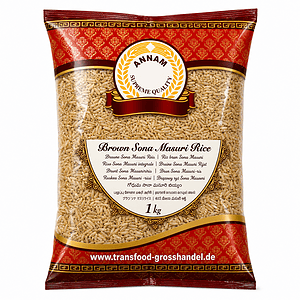 Asiatische Lebensmittel Online-Shop, brauner Sona Masoori Reis in Packung.
