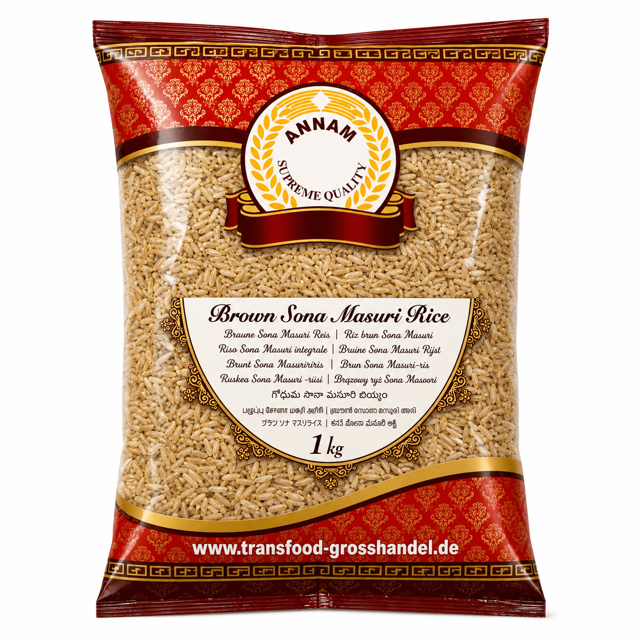 Asiatische Lebensmittel Online-Shop, brauner Sona Masoori Reis in Packung.