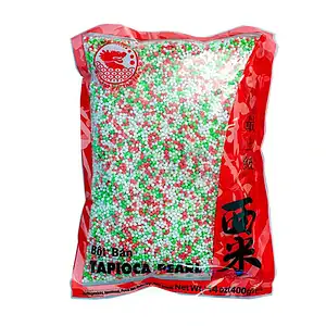 Bunte Tapioca-Perlen für asiatische Desserts, 400g Packung.