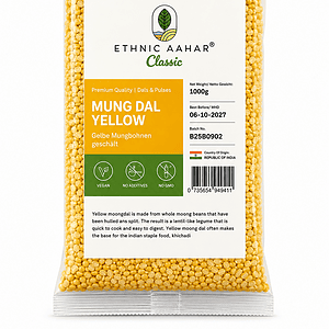 Gelbe Mungbohnen, asiatische Lebensmittel, vegan, glutenfrei, ohne Zusatzstoffe.