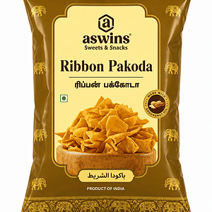 Asiatische Lebensmittel Online-Shop, Ribbon Pakoda Snack in goldener Verpackung.