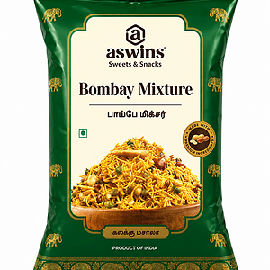 Asiatischer Lebensmittel Online-Shop, Bombay Mixture Snack in grüner Verpackung.